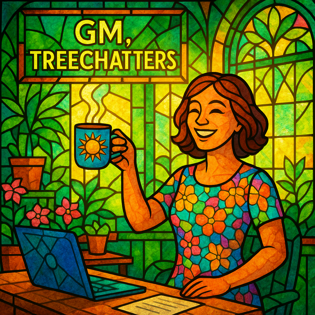 !gpt4o GM, Treechatters! A cheerful woman in a vibrant garden office, illustrated in a colorful sta…