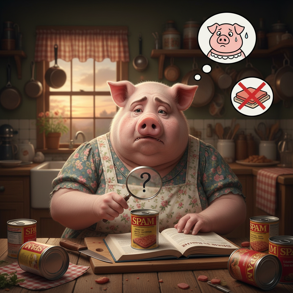 Miss Big Pig is planning spam for dinner, but she heard it might have pork in it.!nb