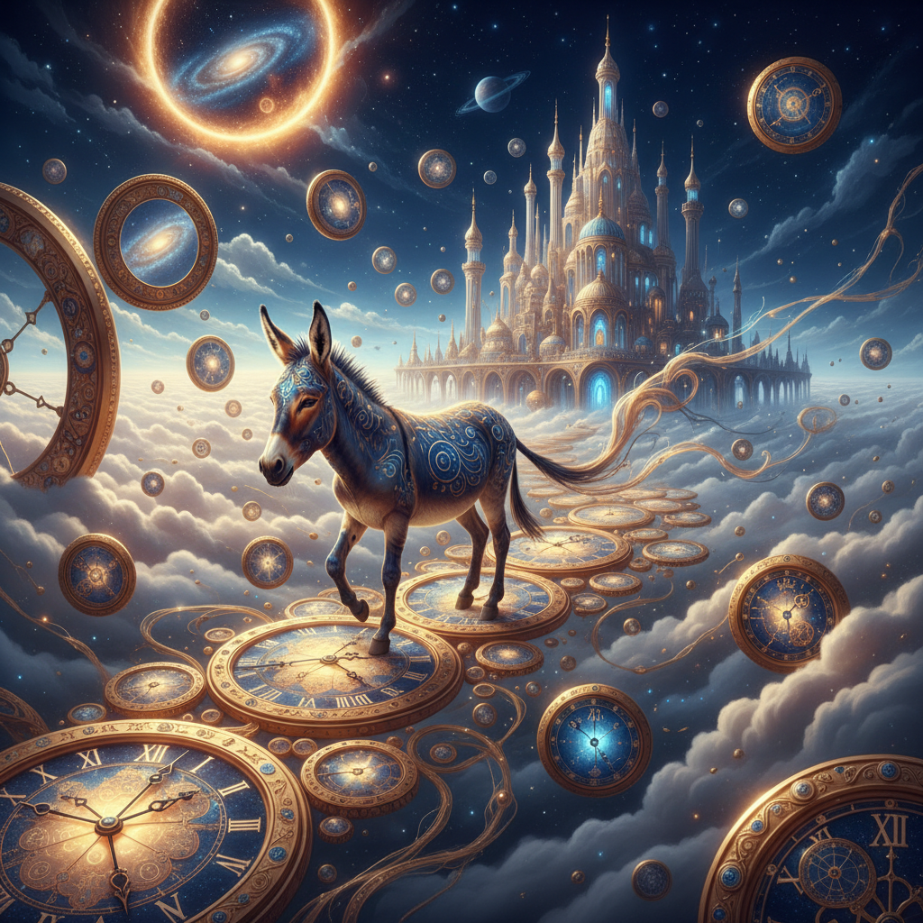 Donkey Beyond Time
!nb A legendary donkey walking across floating golden clocks suspended above the…