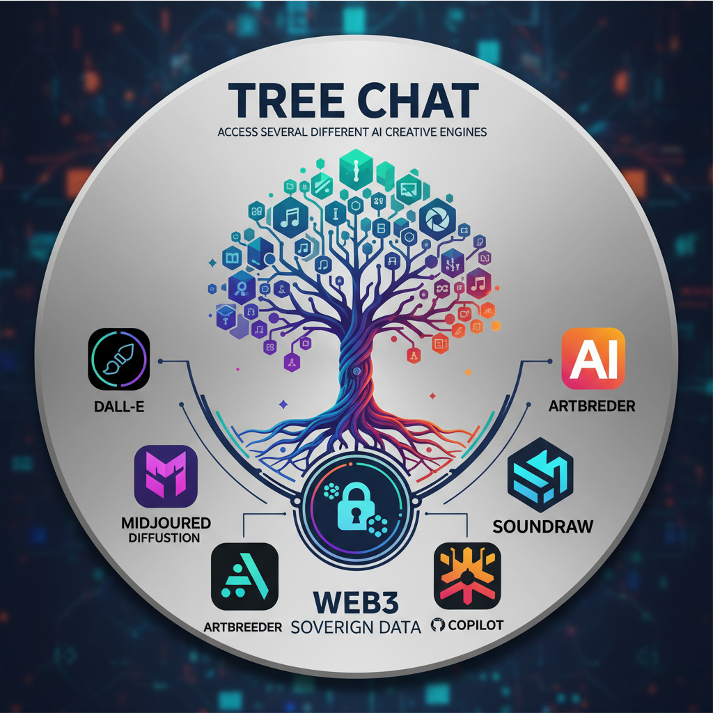 Tree chat logo access several different AI creative engines web 3 sovereign data!nb