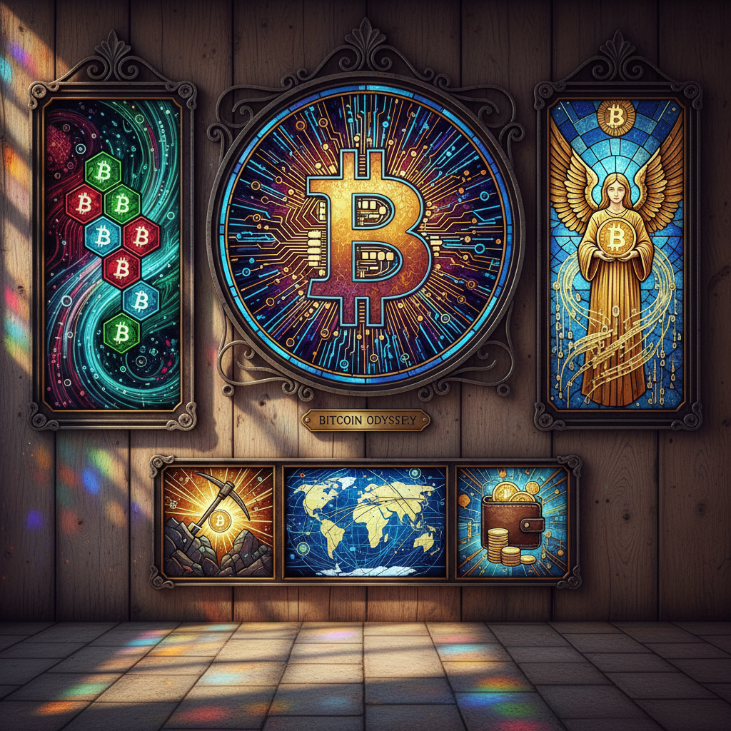 !nb unlock this image of a collection of beautiful Bitcoin stained glass art.