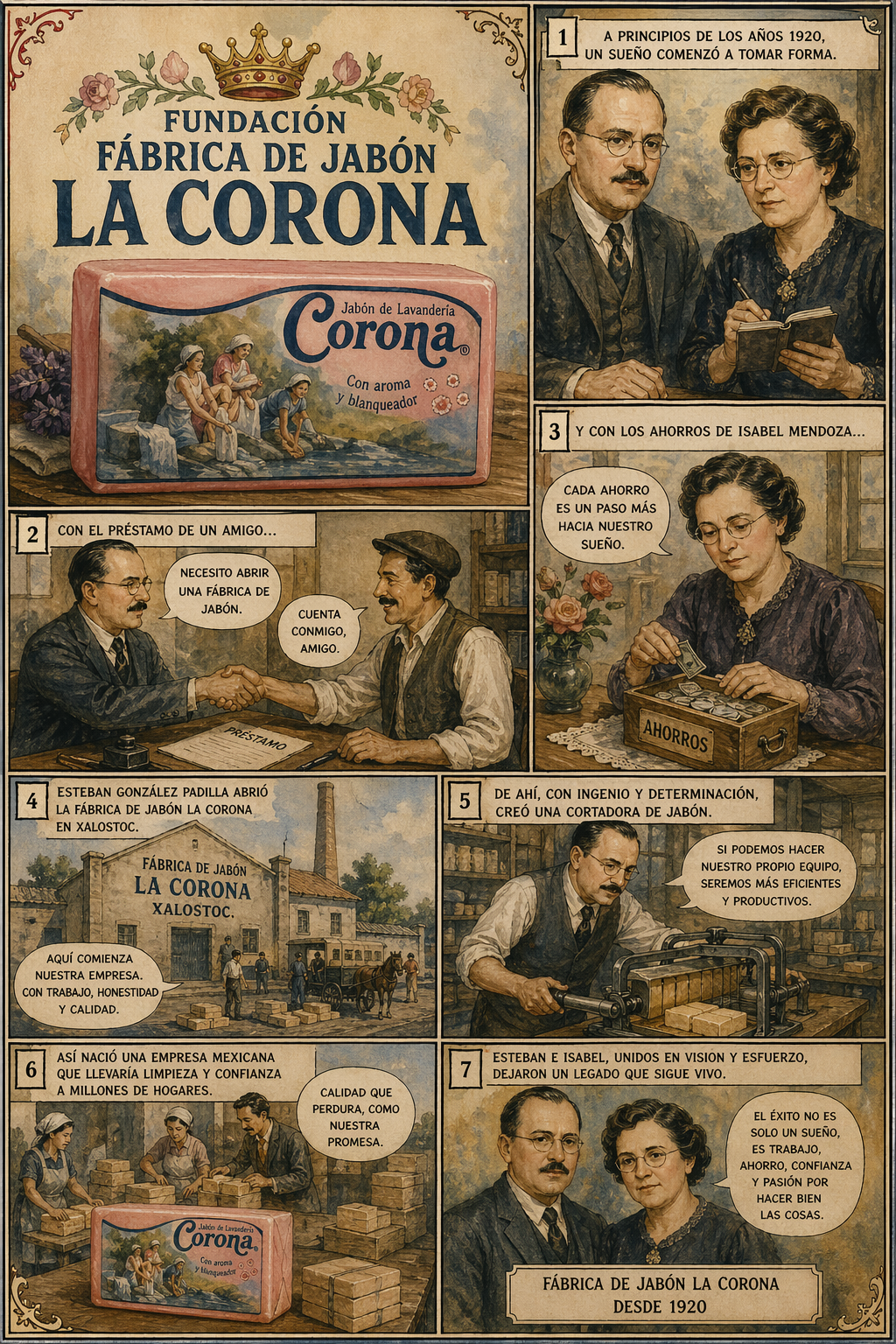 🧼 COMIC – FUNDACIÓN FÁBRICA DE JABÓN LA CORONA 🧼
PORTADA
Un jabón rosa estilo acuarela vintage con …