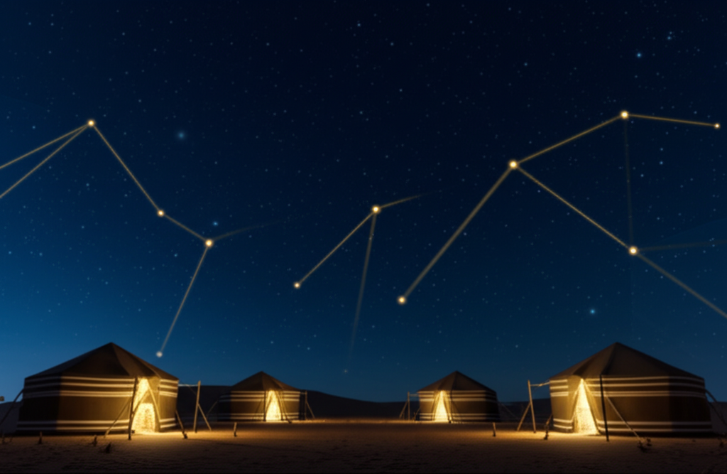 Night desert scene with nomad tents illuminated by floating golden nodes, invisible connections for…