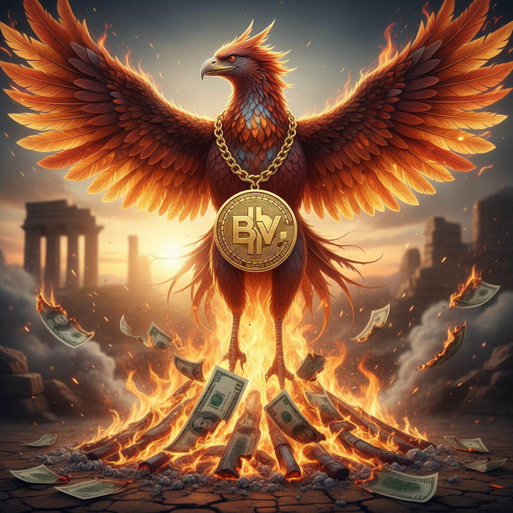 !nb create a phoenix rising from the ashes of burning dollars, with the BSV logo around the phoenix…