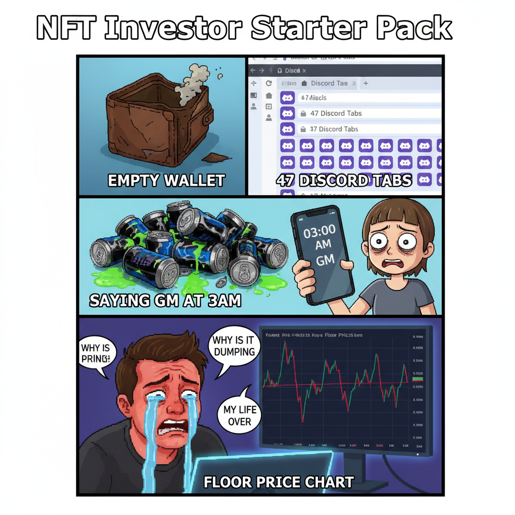 !nb “NFT Investor Starter Pack” A meme collage featuring:
empty wallet
47 Discord tabs
energy drink…