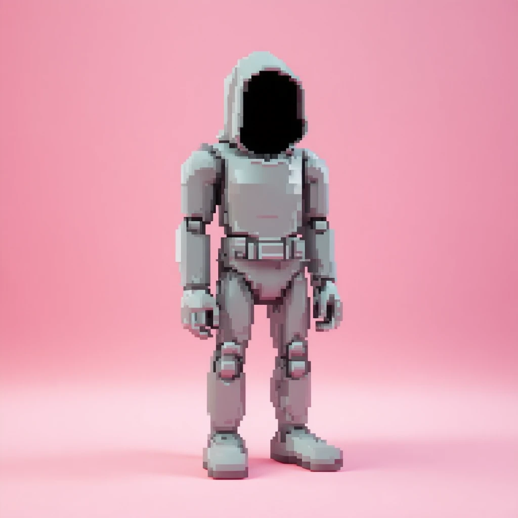 1. The Genesis Stand
A single iconic 3D minimalist pixel statue standing upright, faceless and hood…