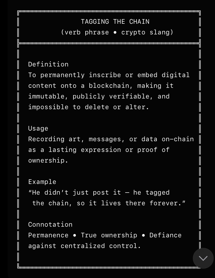 [[tagging the chain]] 
First recorded on chain via Treechat, 30/03/2026
BSV emerging pop culture.