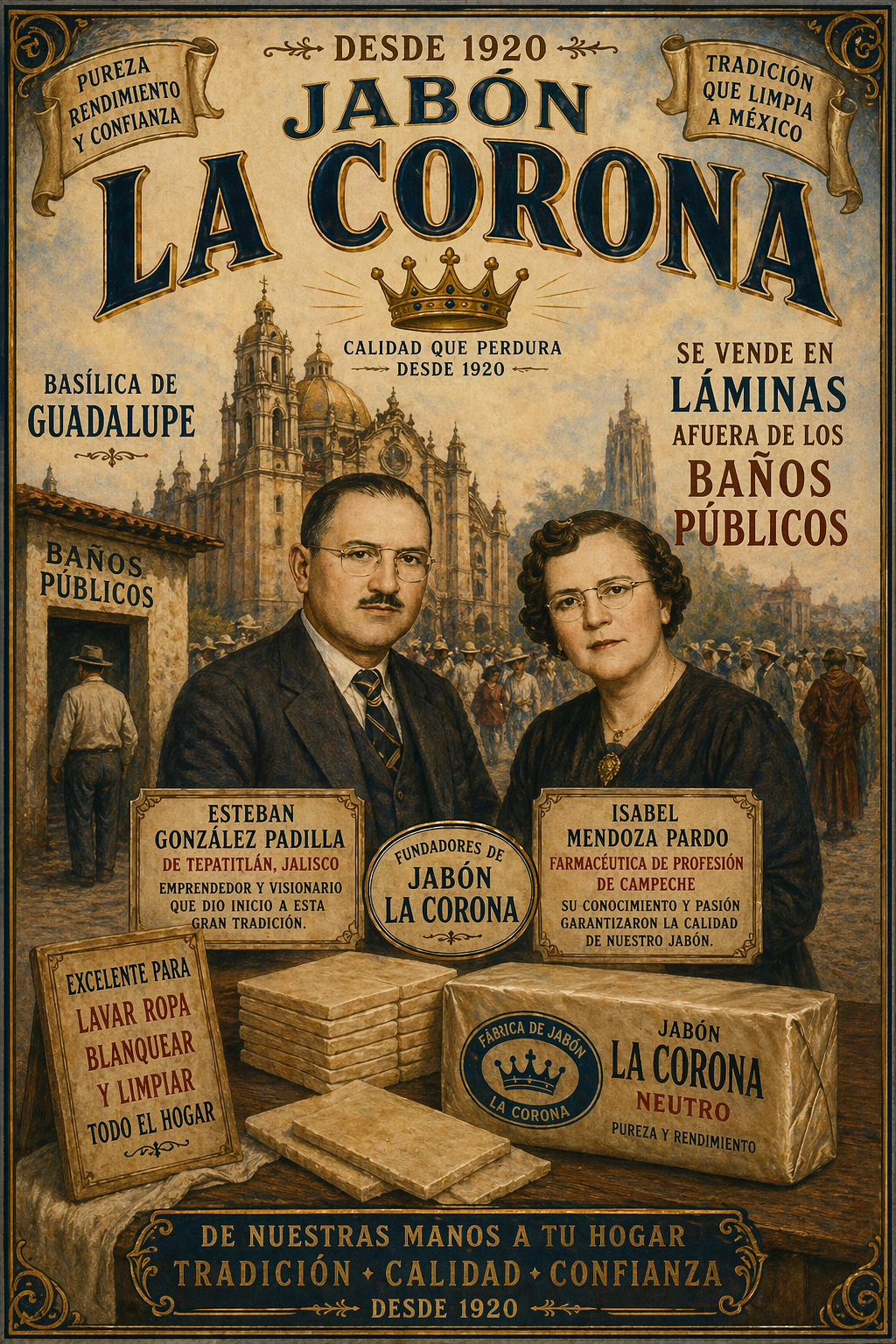 🧼 COMIC – EL NACIMIENTO DE JABÓN LA CORONA 🧼
Viñeta 1
Exterior, años 1920. Afuera de los baños públ…