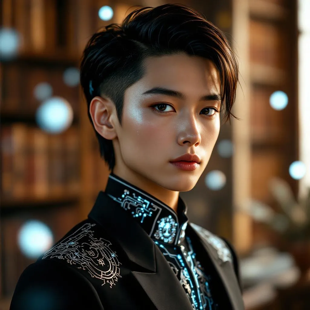 Portrait of a young apex heir with subtle futuristic markings, heritage meets future, soft depth of…