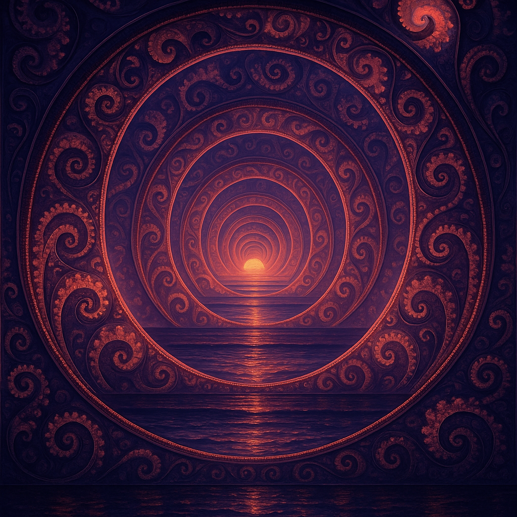 !gpt4o A beautiful sunset reflected within a Fractal Infinity Mirror, creating endlessly repeating …