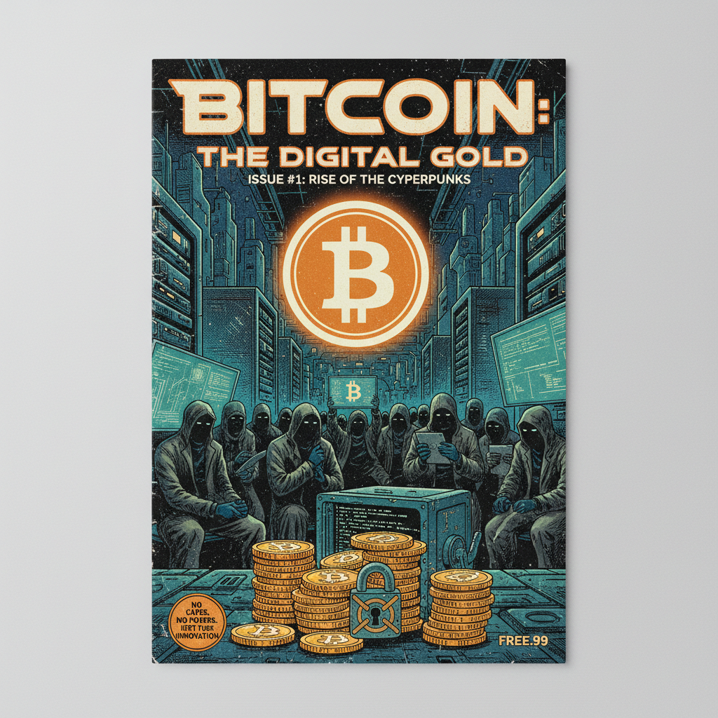 !nb BitCoin comic book with no superhero. Put BitCoin logo as cover.