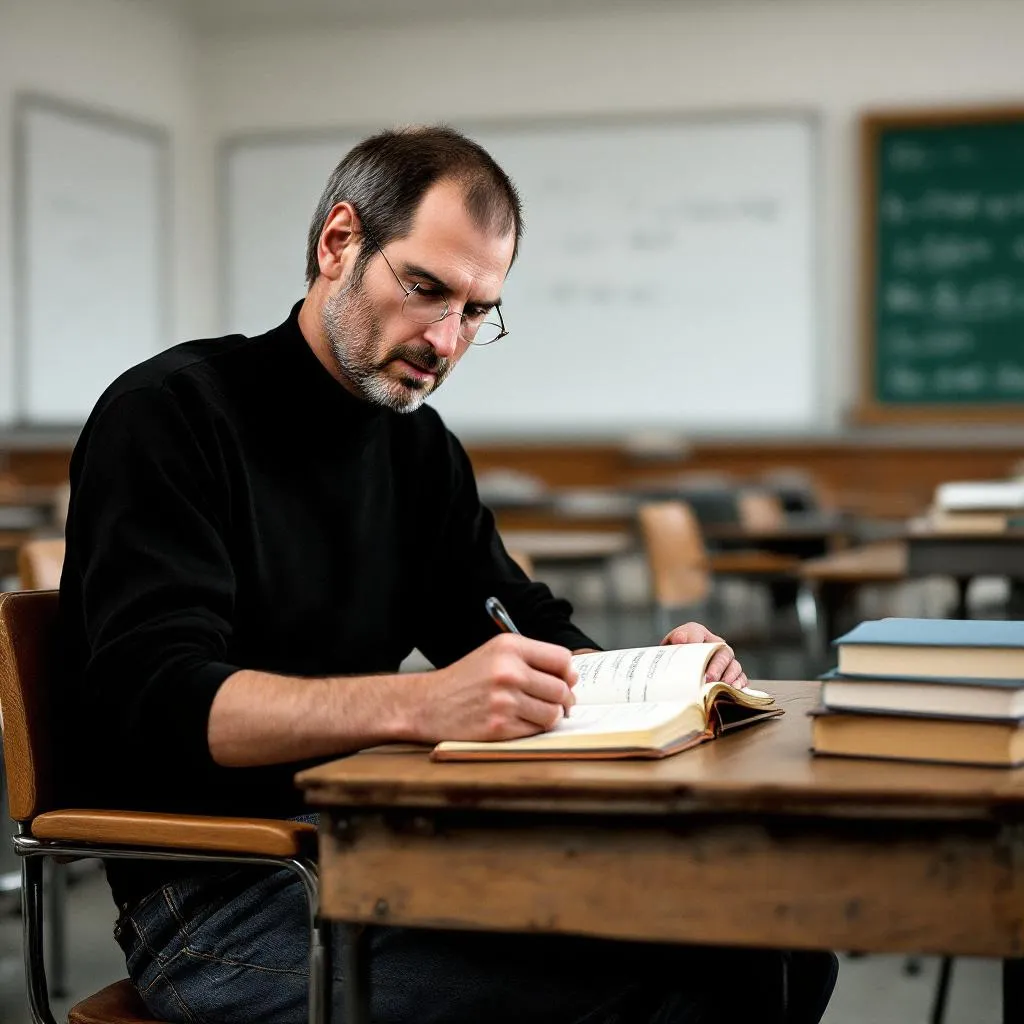 !flux steve jobs at a school desk furiously taking notes