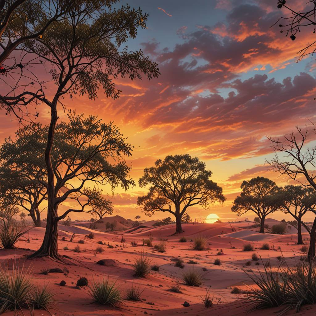 !animate sunrise, sun slowly rising and trees with gentle breeze