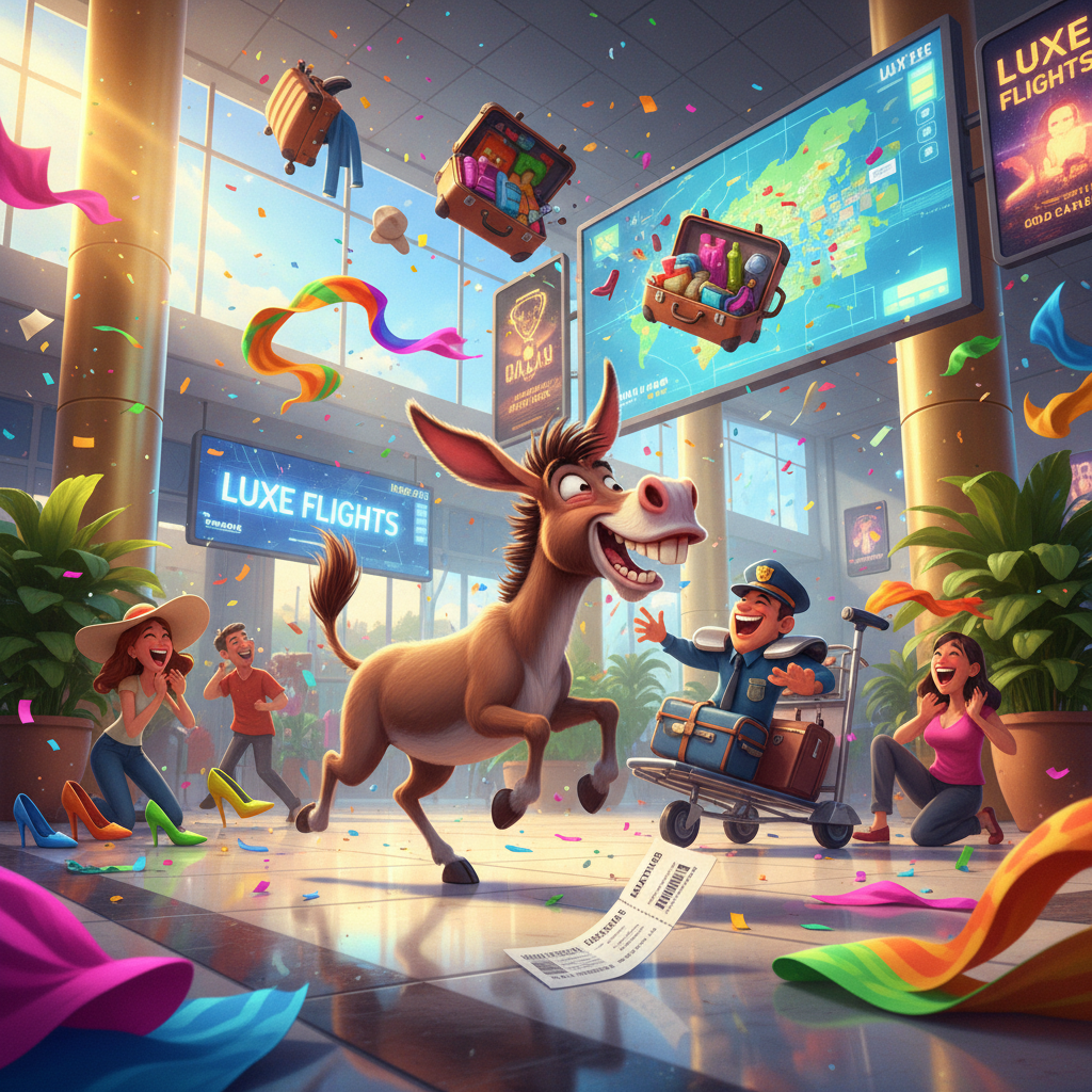 Airport of Lost Dreams
!nb A goofy donkey running through a luxurious airport after dropping his bo…