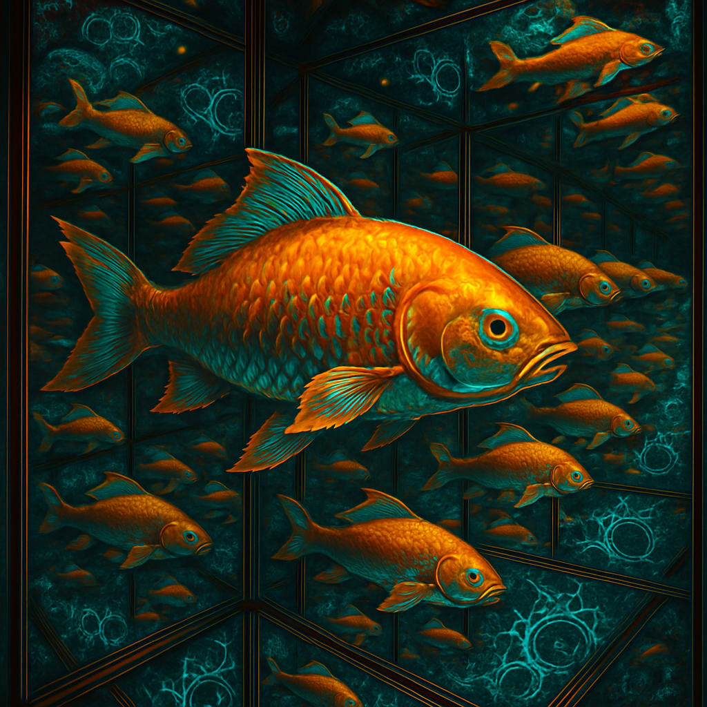 !gpt4o A colorful koi fish reflected within a Fractal Infinity Mirror, creating endlessly repeating…