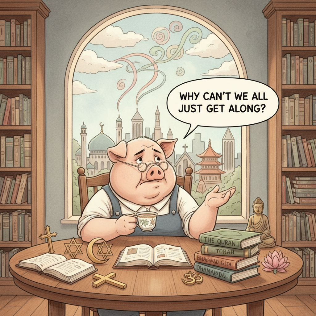Miss Big Pig wonders why the world religions won't get along. !nb