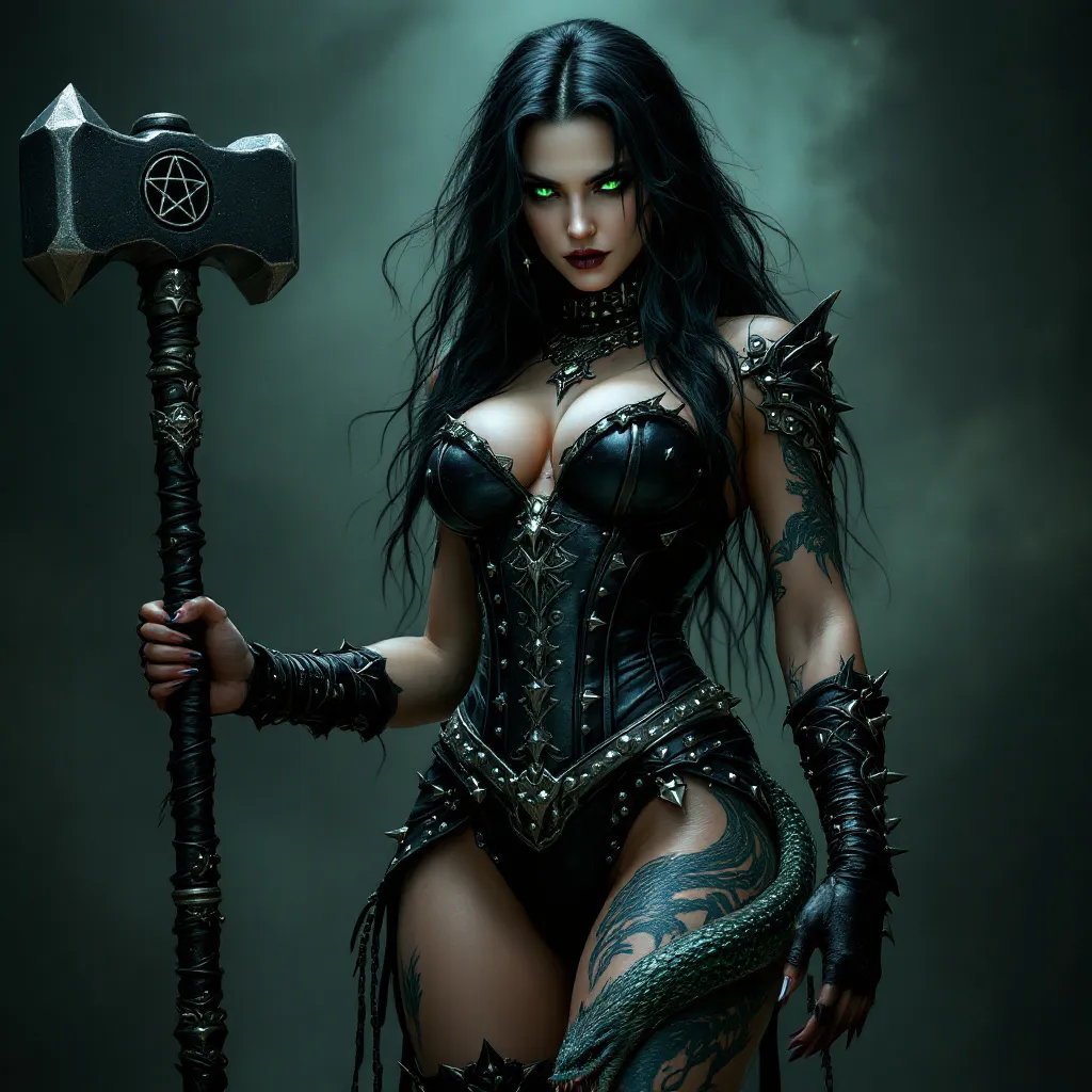 !flux11 badass bitch Hazel Pentangle Warhammer witch with massive snake tattoo winding around her r…