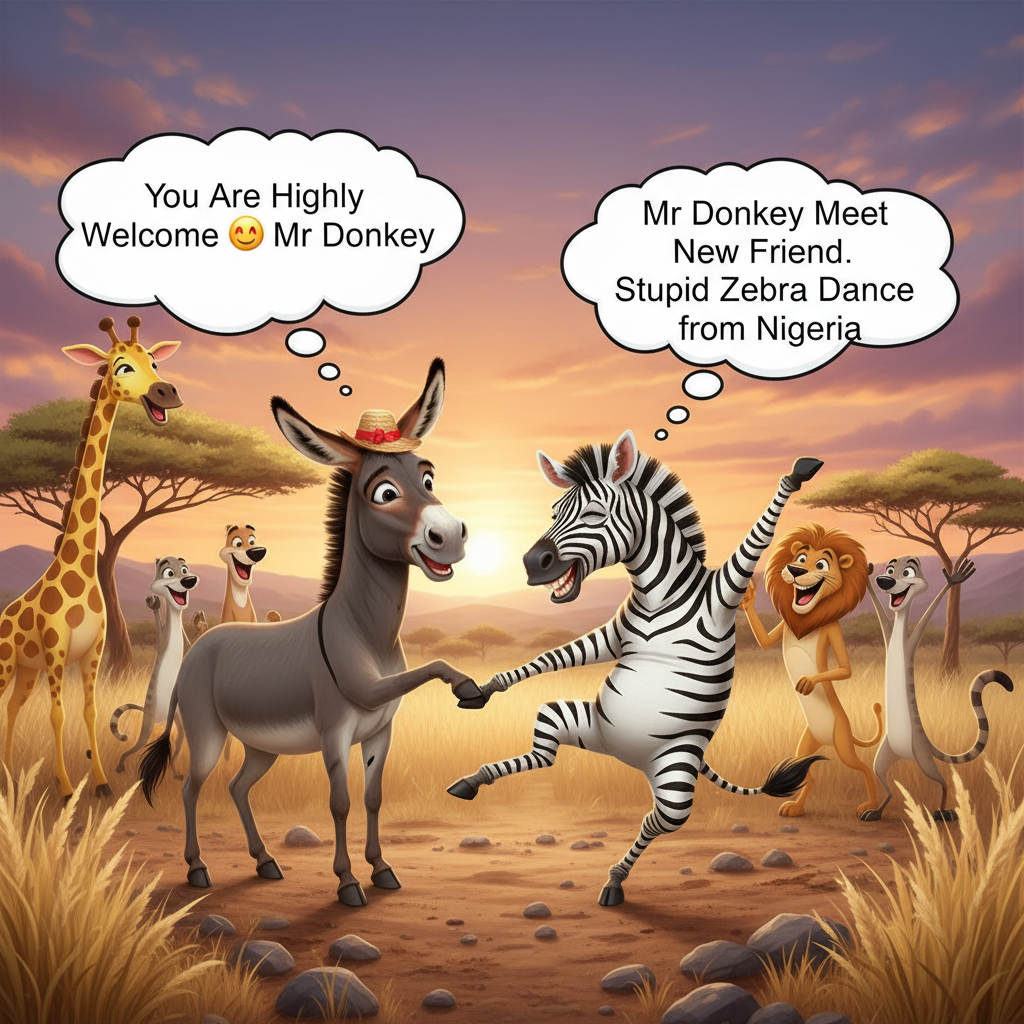 You Are Highly Welcome 🤗 Mr Donkey.
Mr Donkey Meet New Friend 
Stupid Zebra Dance from Nigeria.!nb