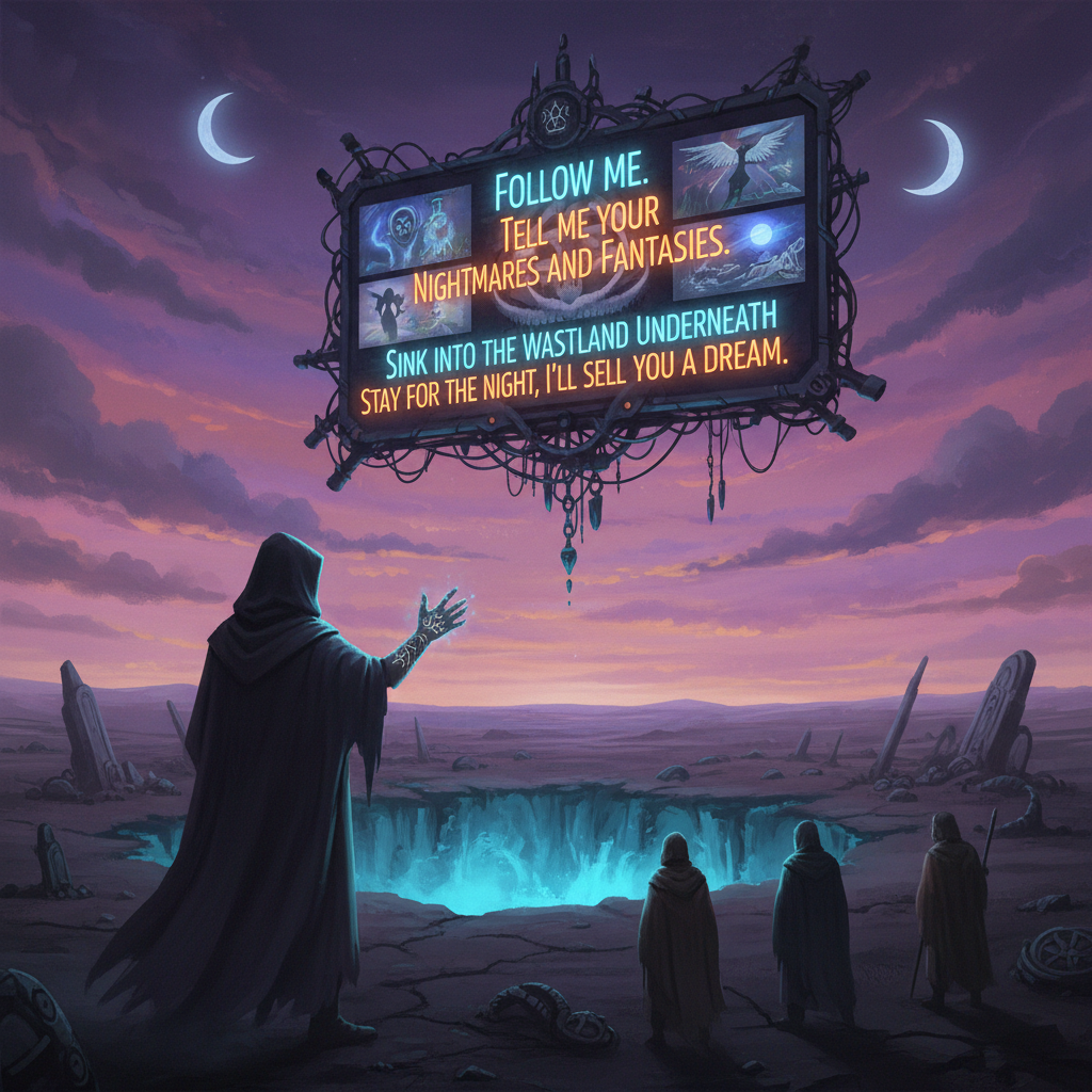 !nb 
Follow me
Tell me your nightmares and fantasies
Sink into the wasteland underneath
Stay for th…