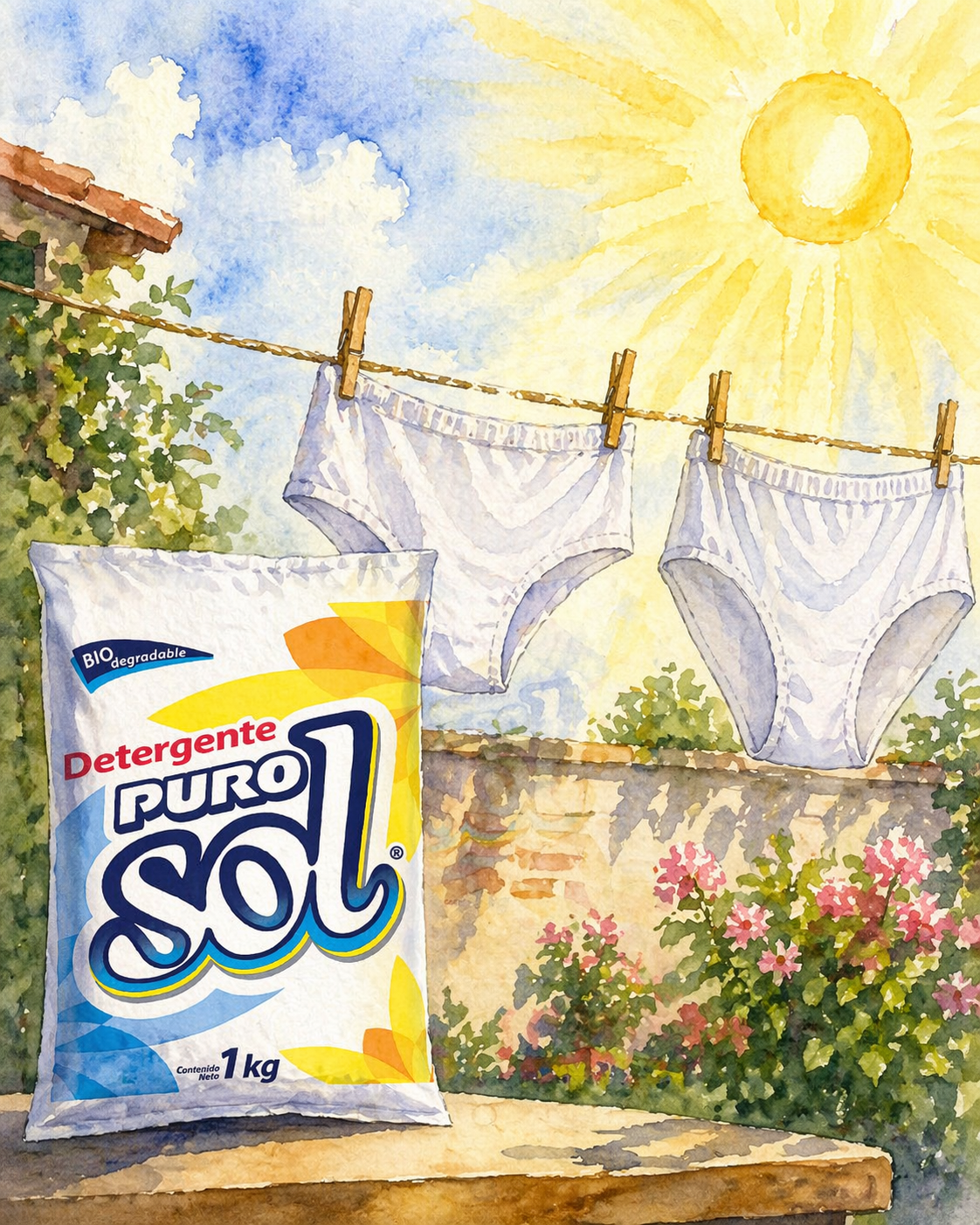 🟨 TÍTULO: EL ORIGEN DE PURO SOL 🟨
🟦 VIÑETA 1
(En un patio soleado, con tendedero y ropa colgada)
Ro…