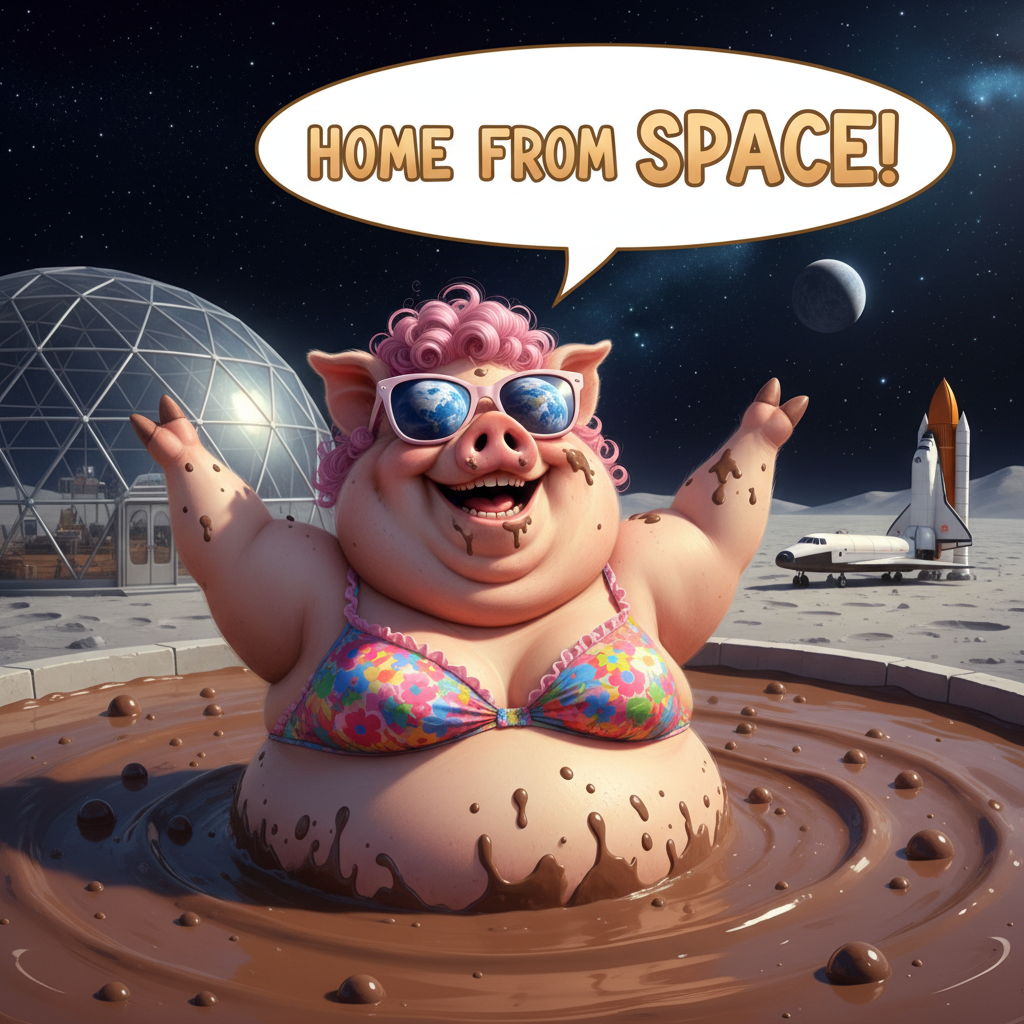 Miss Big Pig is so happy to he how from space, she went for a mud bath in her bikini. !nb