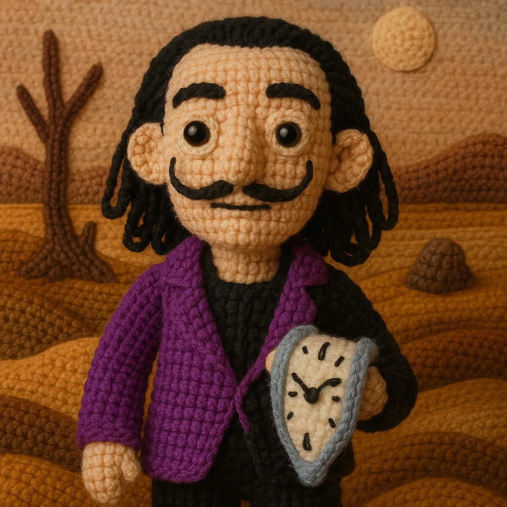!gpt4o A crochet doll-style of Salvador Dalí, made with soft yarn textures and intricate handcrafte…