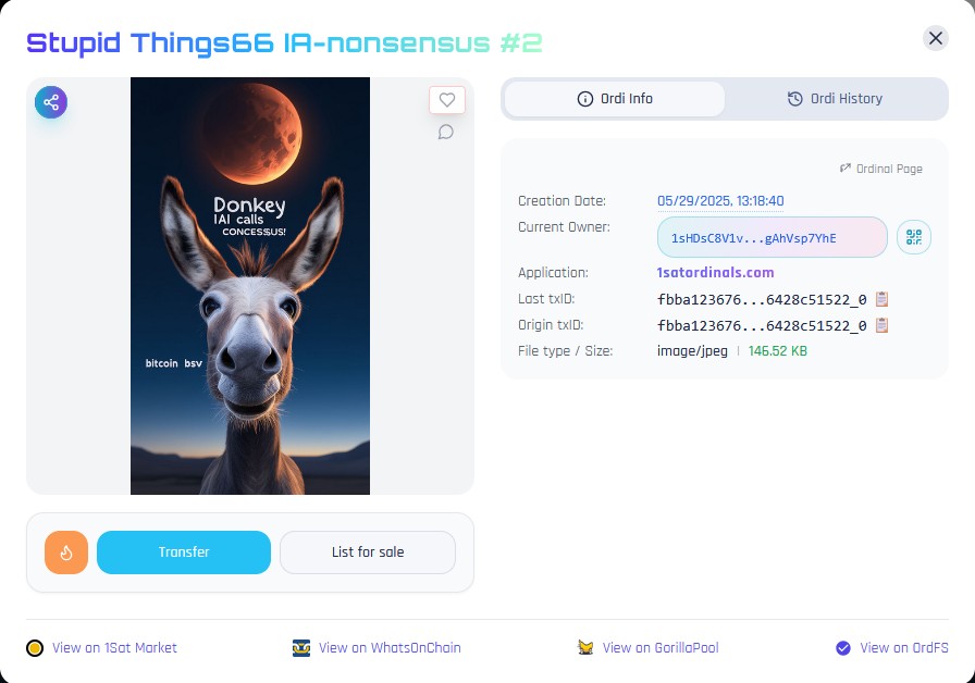 No. 7 👀
Block: #940072 ⛏️🫏 
Worthless IAAI-donkey NFT for >> @Bsvcrypto << 💪🫏🍻
The best worthless NO…