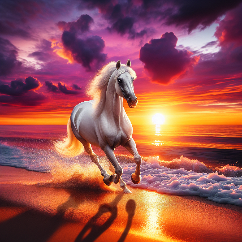 !dalle A beautiful elegant white horse running on the beach into the sunset.