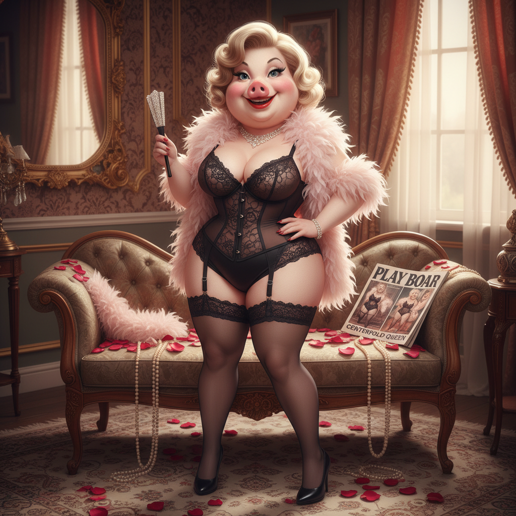 Miss Big Pig poses for the centerfold of Play Boar Magazine in French lingerie.  !nb