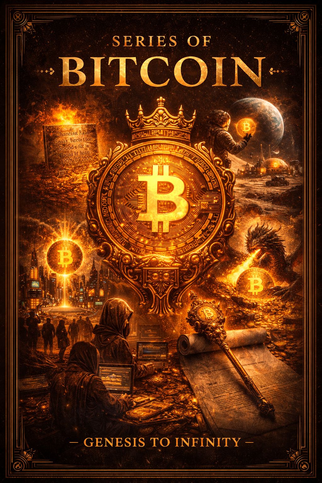 🟡 AUCTION LIVE — SERIES OF BITCOIN
Genesis to Infinity
A curated 10-piece visual chronicle of Bitco…