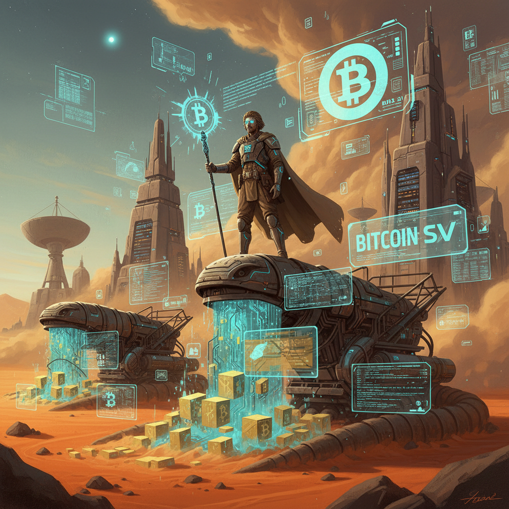 !nb dune concept art of muad'dib but instead of spice he harvests bitcoin sv