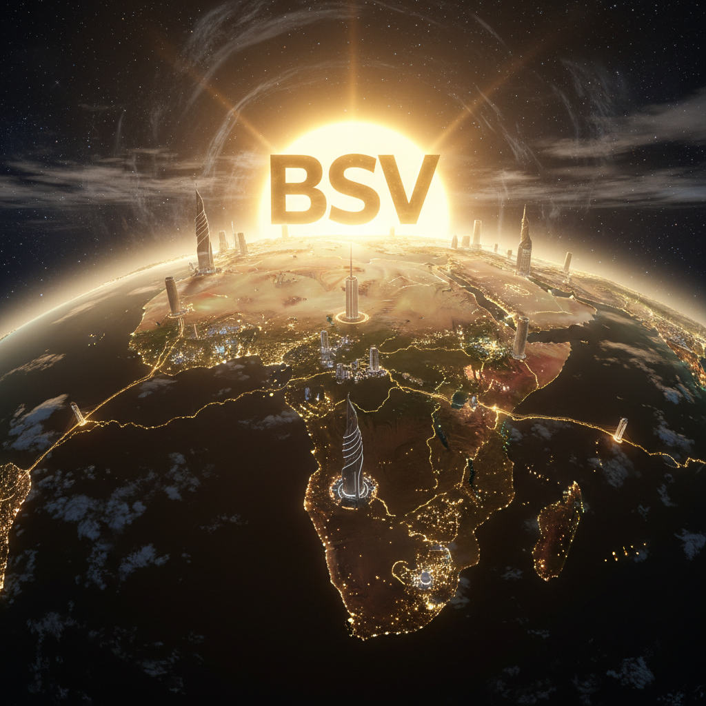 1️⃣ The First Light
A glowing BSV symbol rising above the African continent like a radiant sun, golde…