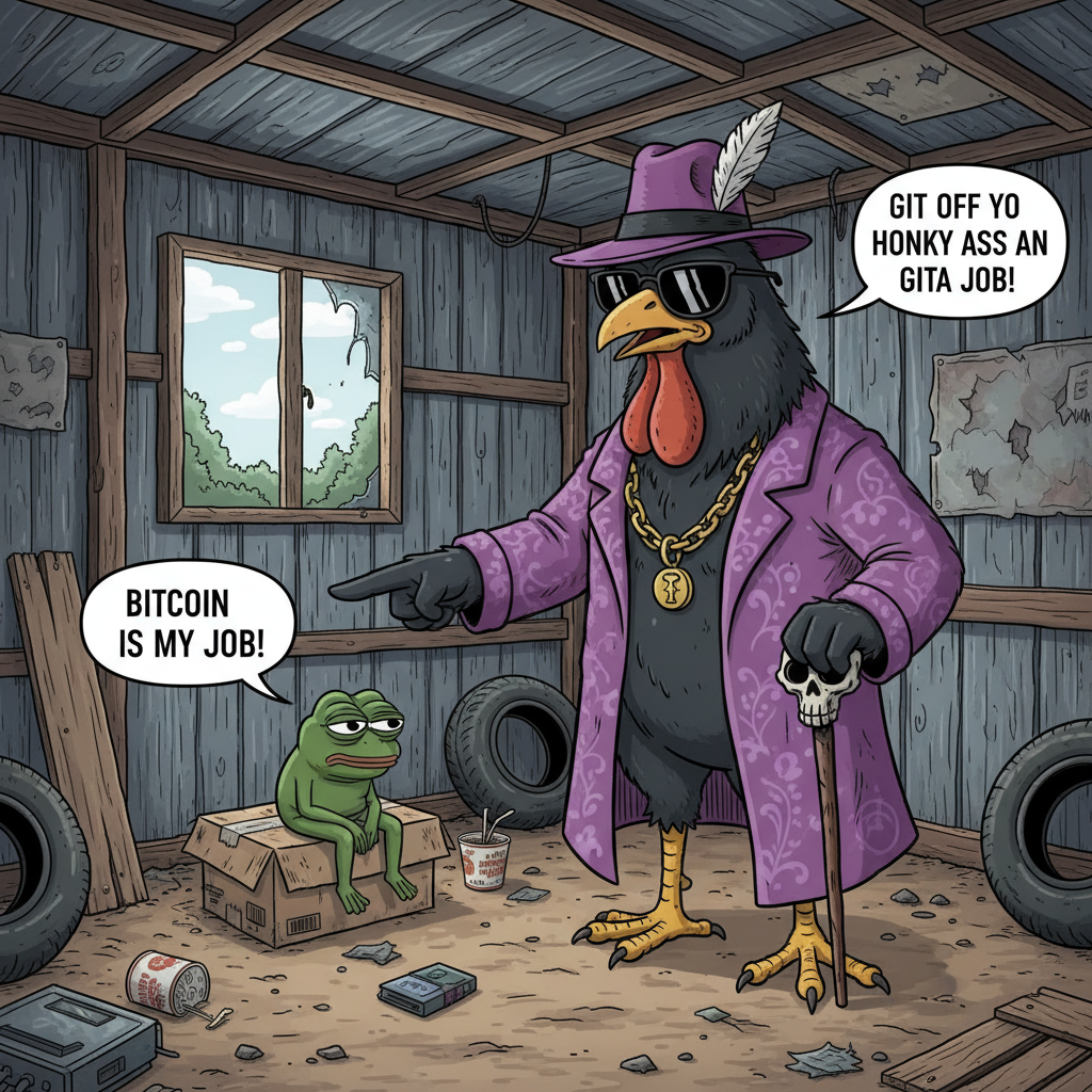 !nb a big black cartoon cock dressed as a pimp standing in poor pepe shack and he says “git off yo …