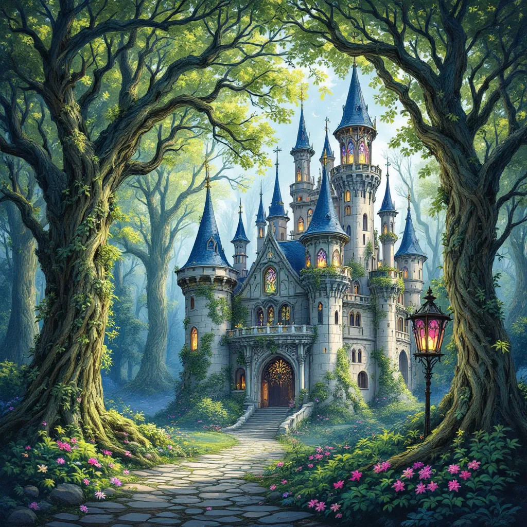 !flux An enchanted **castle** filled with whimsical creatures, where each tree has a unique persona…