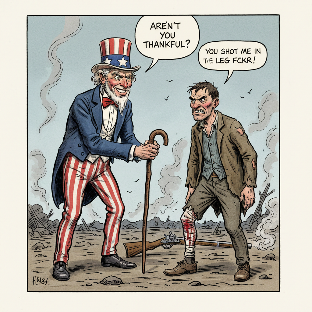 !nb  Uncle sam giving man a cane while saying “aren’t you thankful?” While the man says “you shot m…