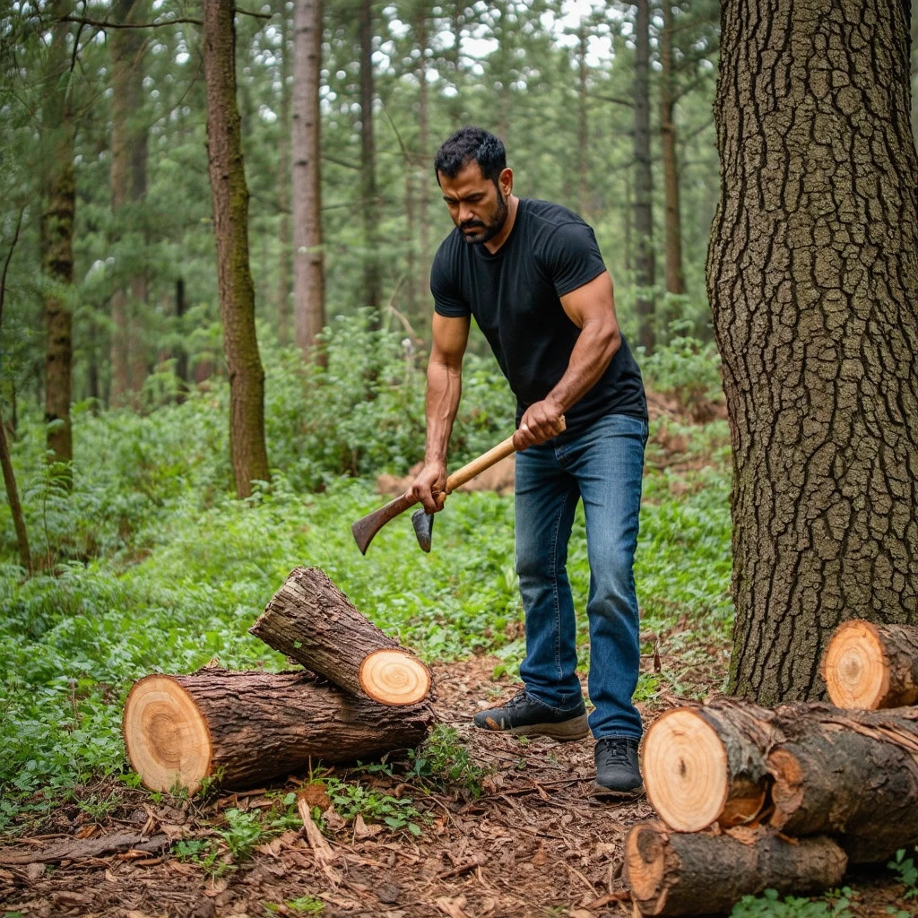 !sd3 forest, a man chopping woods with his axe
