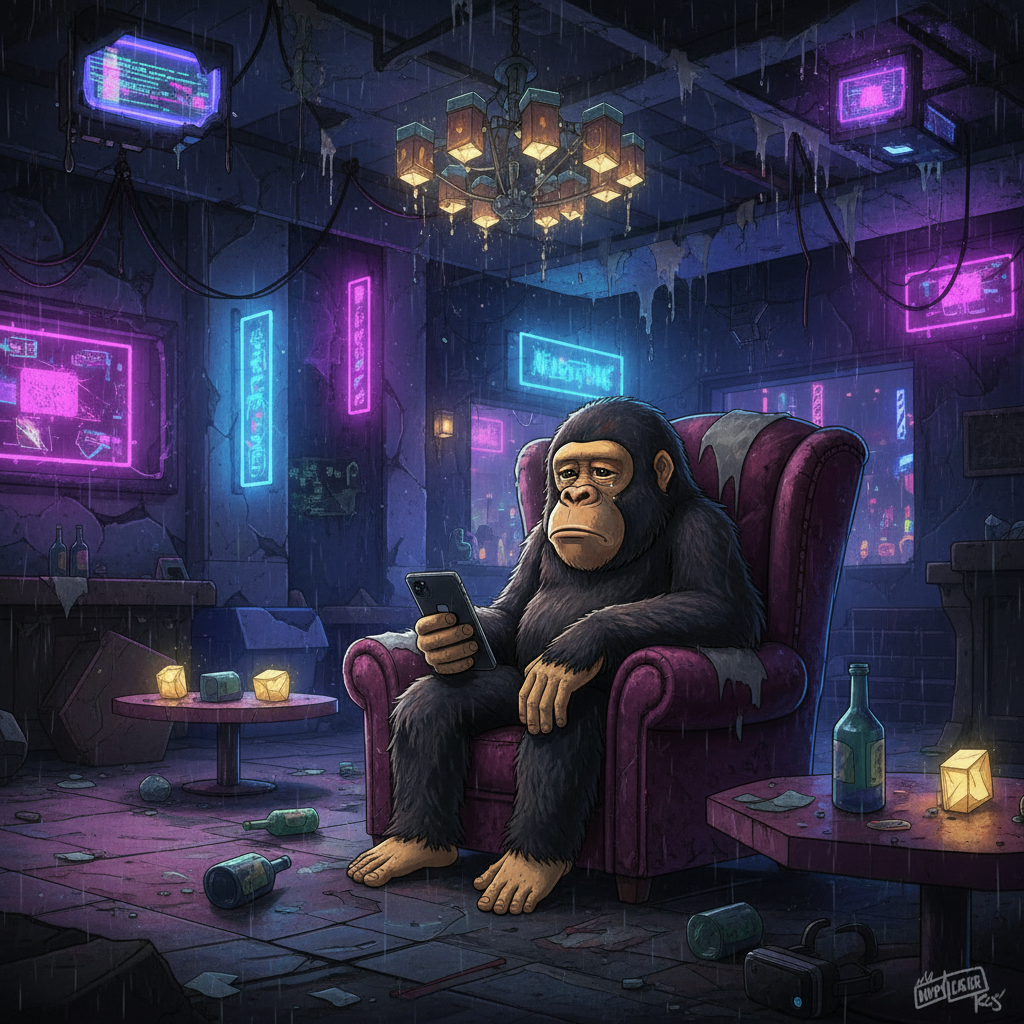 !nb Sad bored ape sitting alone in abandoned metaverse nightclub, neon lights flickering