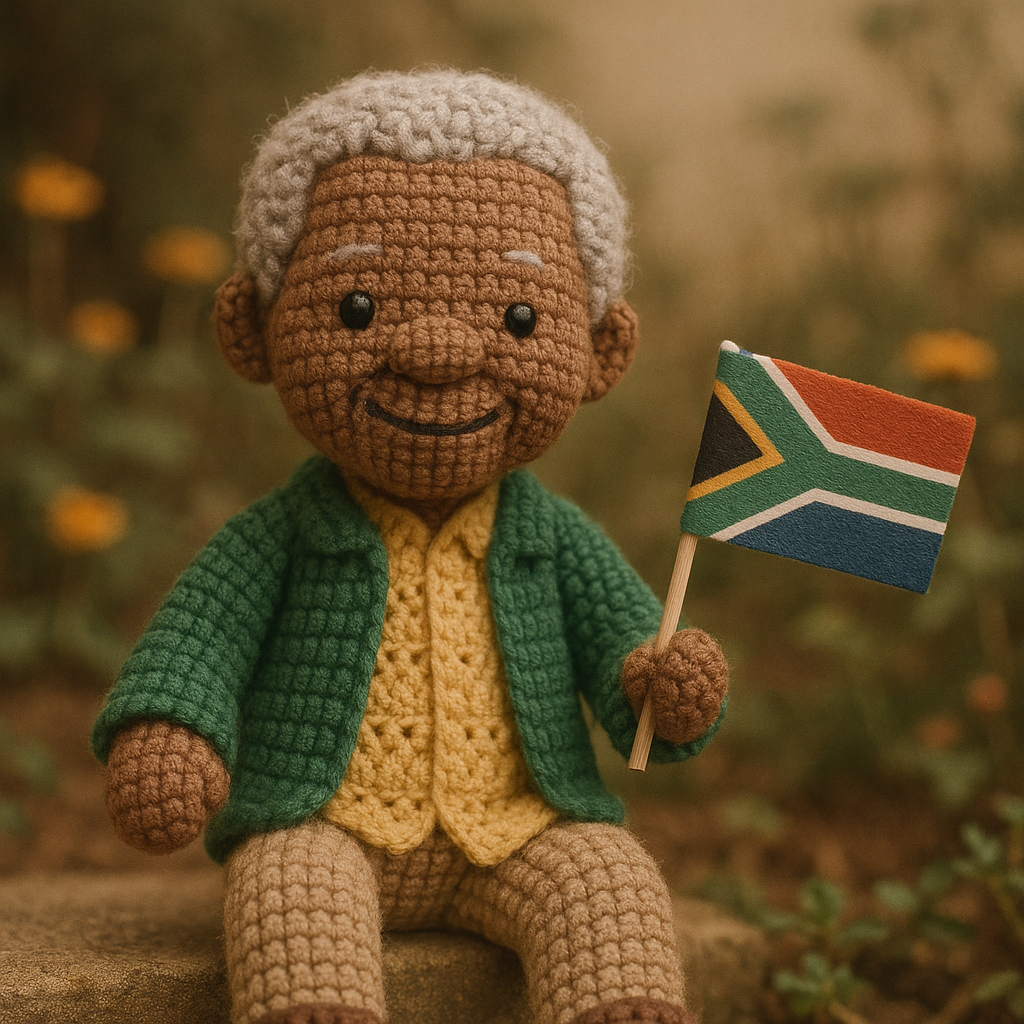 !gpt4o A crochet doll-style of Nelson Mandela, made with soft yarn textures and intricate handcraft…