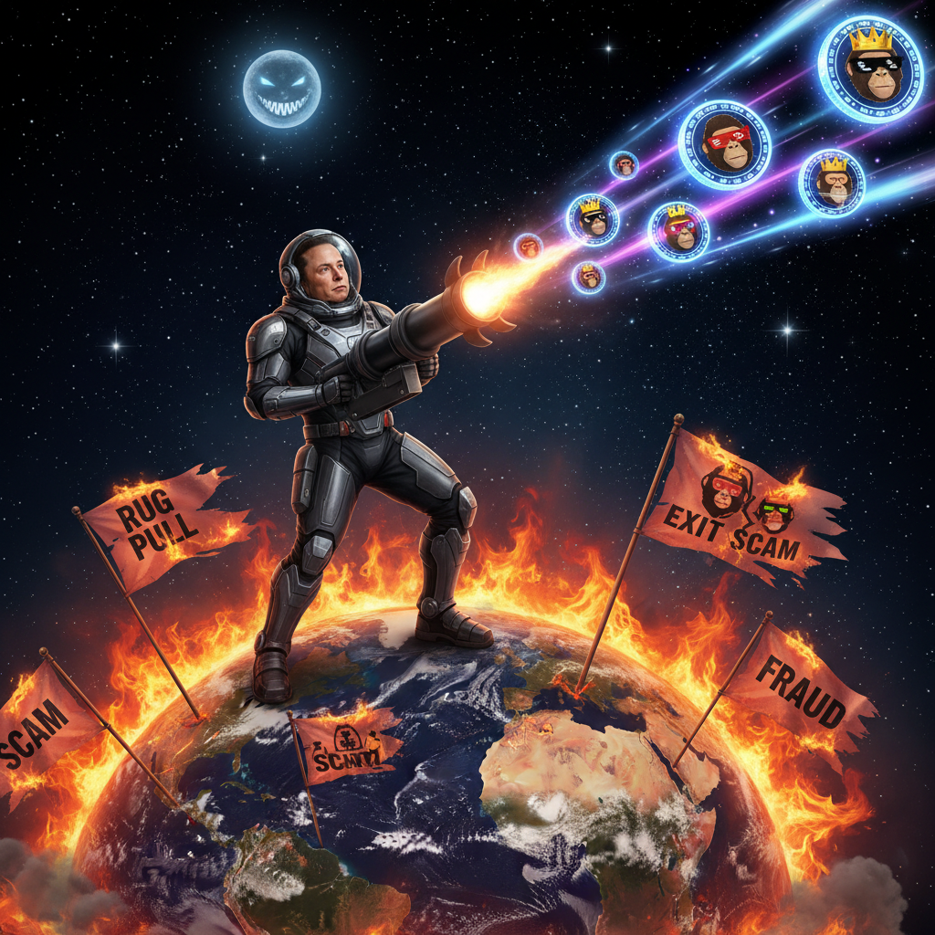 !nb Elon Musk lookalike launching ape NFTs into space while Earth burns with rug pulls and scams