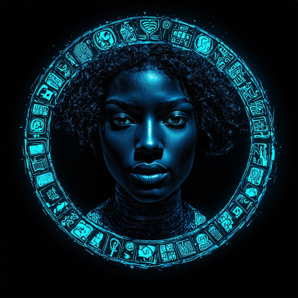 3. Ancestral Code
Floating African symbols and ancient scripts forming a holographic pattern around…