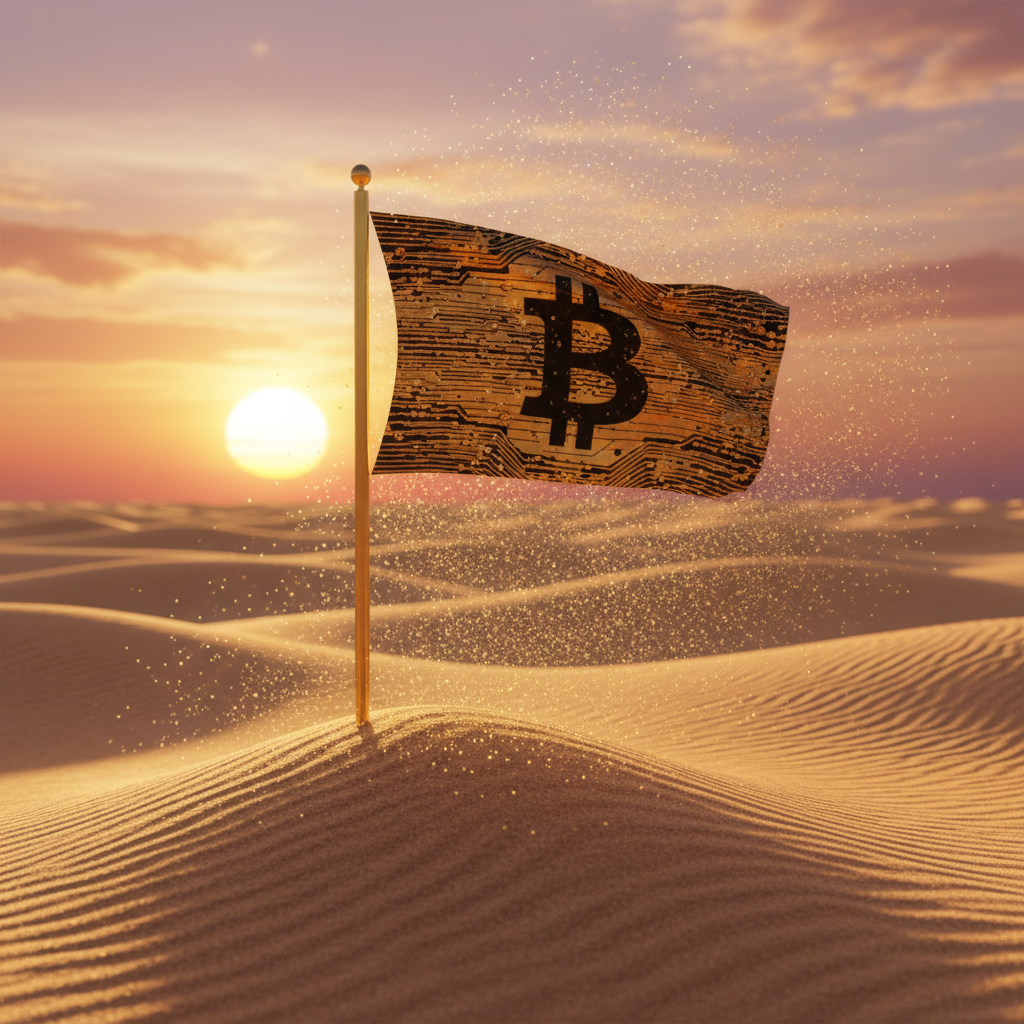 Bitcoin Flag in the Desert of Gold
!nb A luxurious Bitcoin flag waving atop a golden sand dune, end…