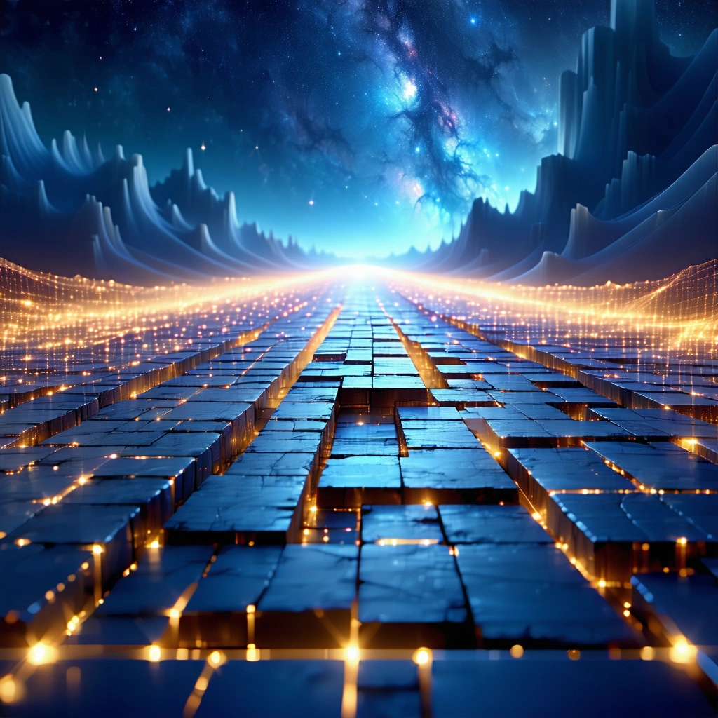 9️⃣ The Scaling Horizon
Endless horizon of blockchain blocks expanding infinitely, glowing lines stre…