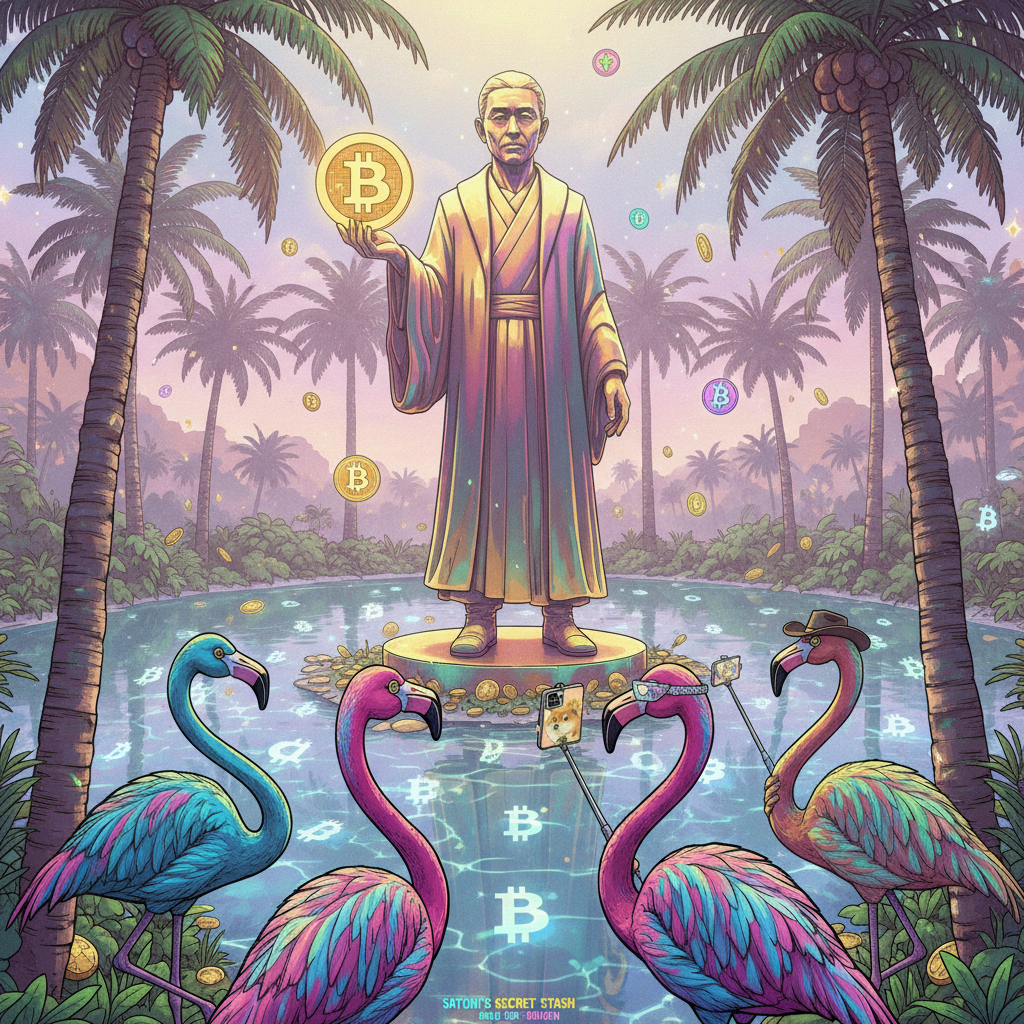The Secret Bitcoin Oasis
!nb A group of colorful flamingos taking selfies around a shining Satoshi …