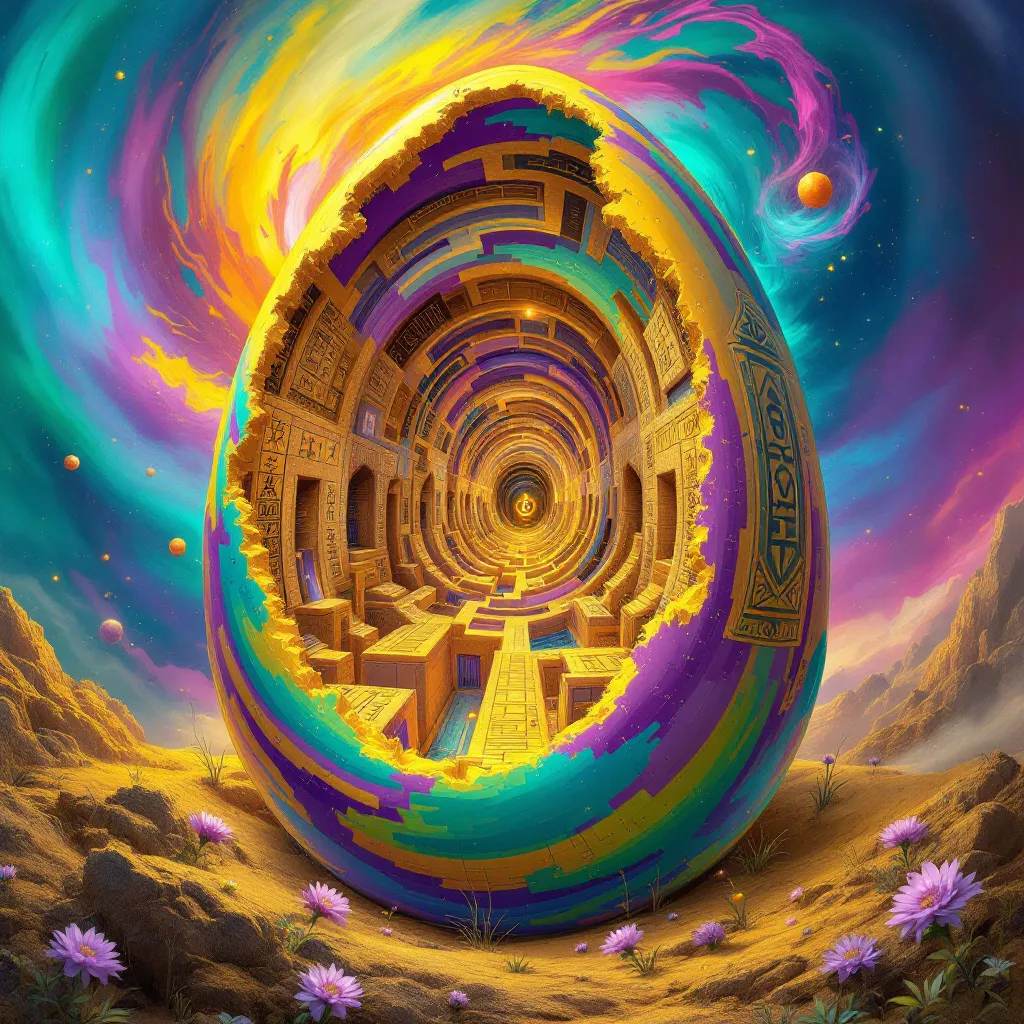 !flux11 Bitcoin SV labyrinth within colourful easter egg.
