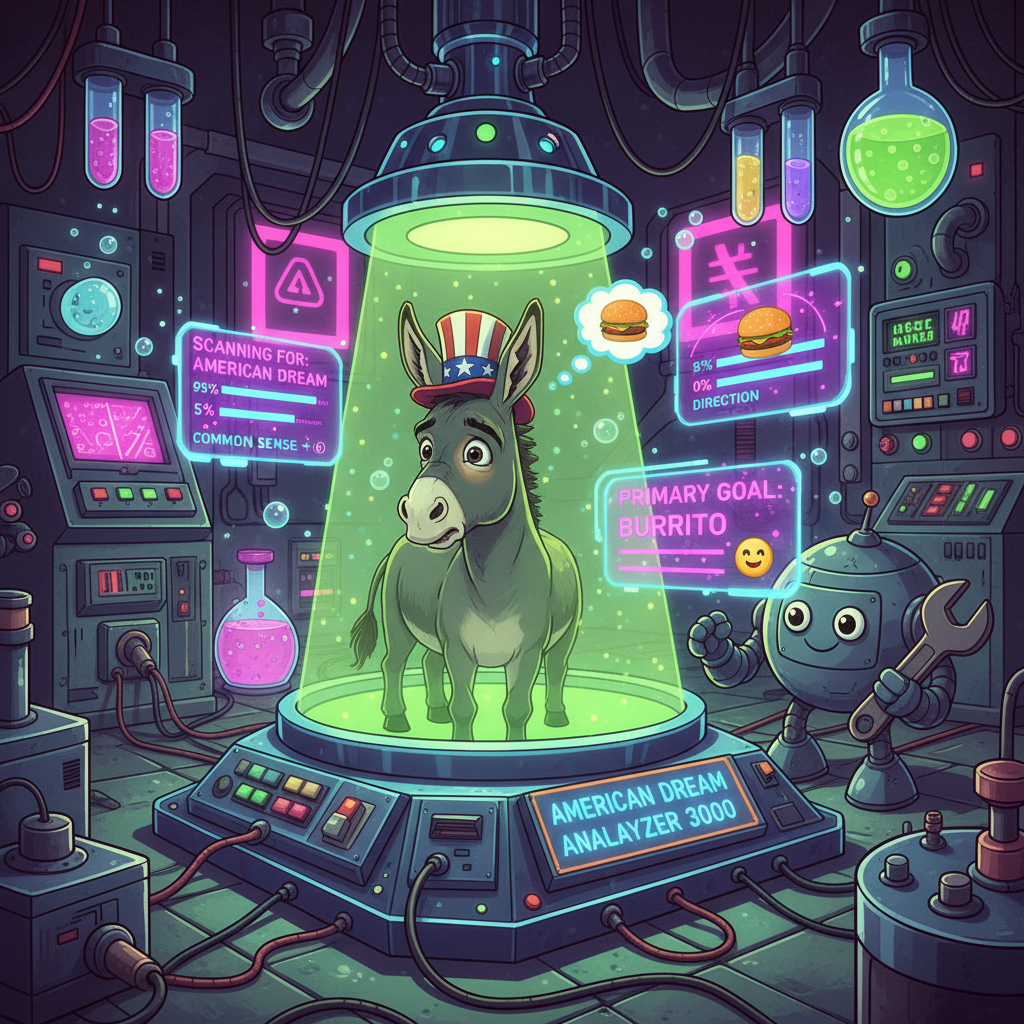 The Dream Detector Machine
!nb A futuristic machine scanning a donkey for traces of the "American D…