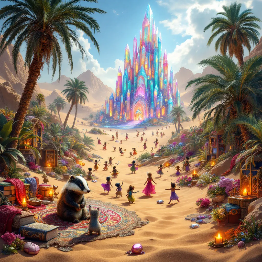 !flux An enchanted **desert** filled with whimsical creatures, where each room has a unique persona…