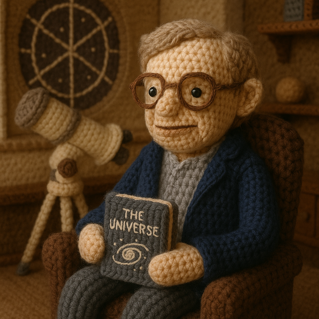 !gpt4o A crochet doll-style of Stephen Hawking, made with soft yarn textures and intricate handcraf…