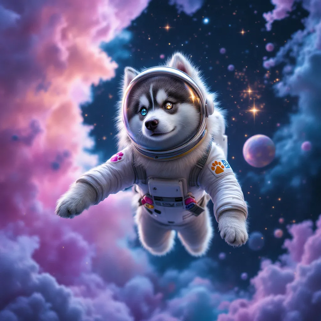 !flux  A fluffy husky astronaut dog floating through a nebula of pastel colors. The dog wears a fis…