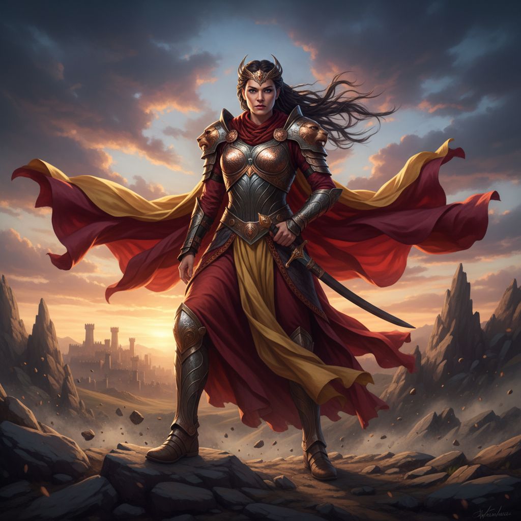 An elite warrior queen draped in flowing fabrics and metallic elements, wind-swept plateau, power a…
