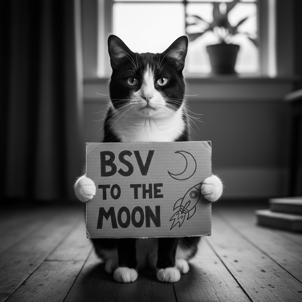 !nb a black and white cat holding a sign BSV to the moon.